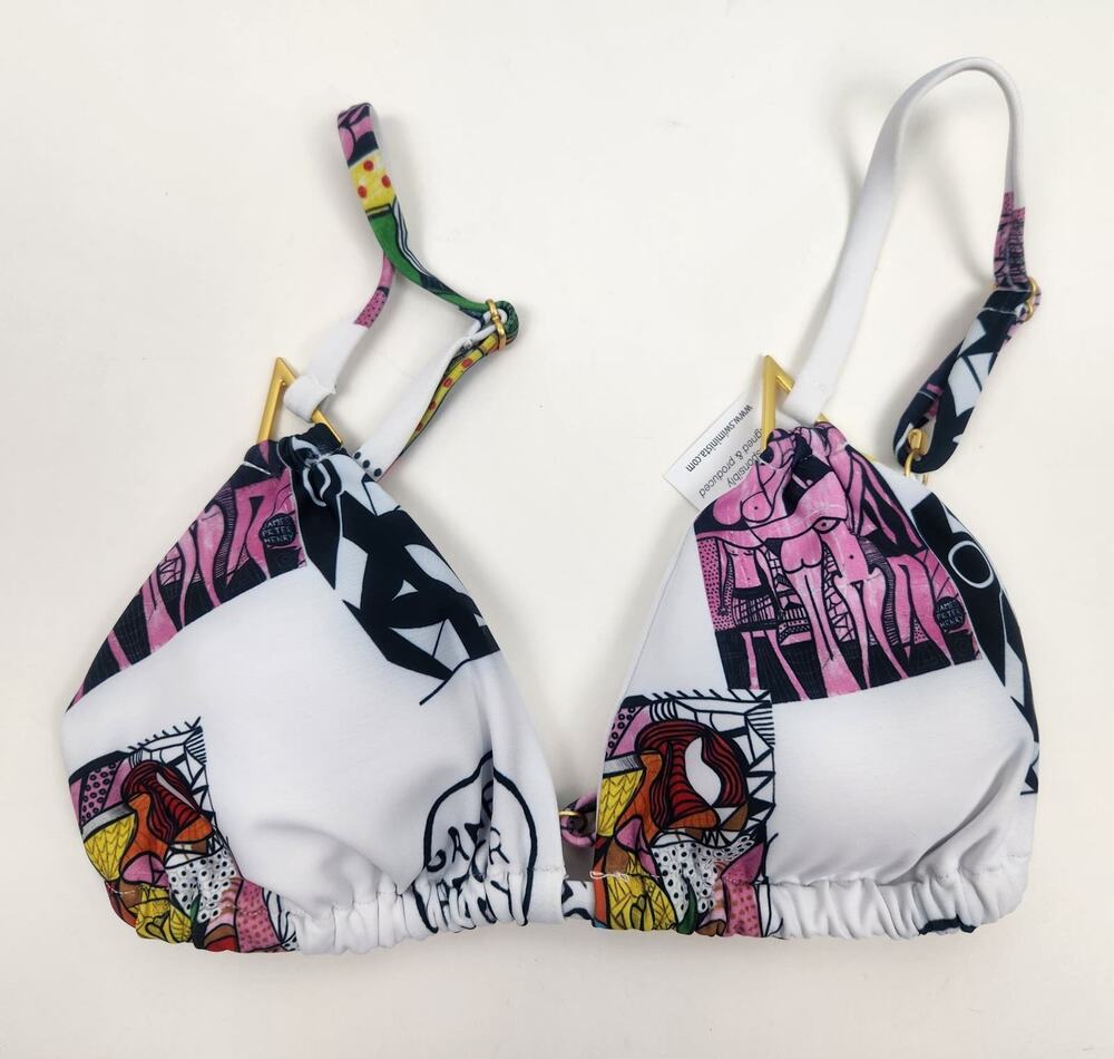 Swiminista x James Peter Sexy Triangle Bikini Top Art Toss Pink White Small NWT